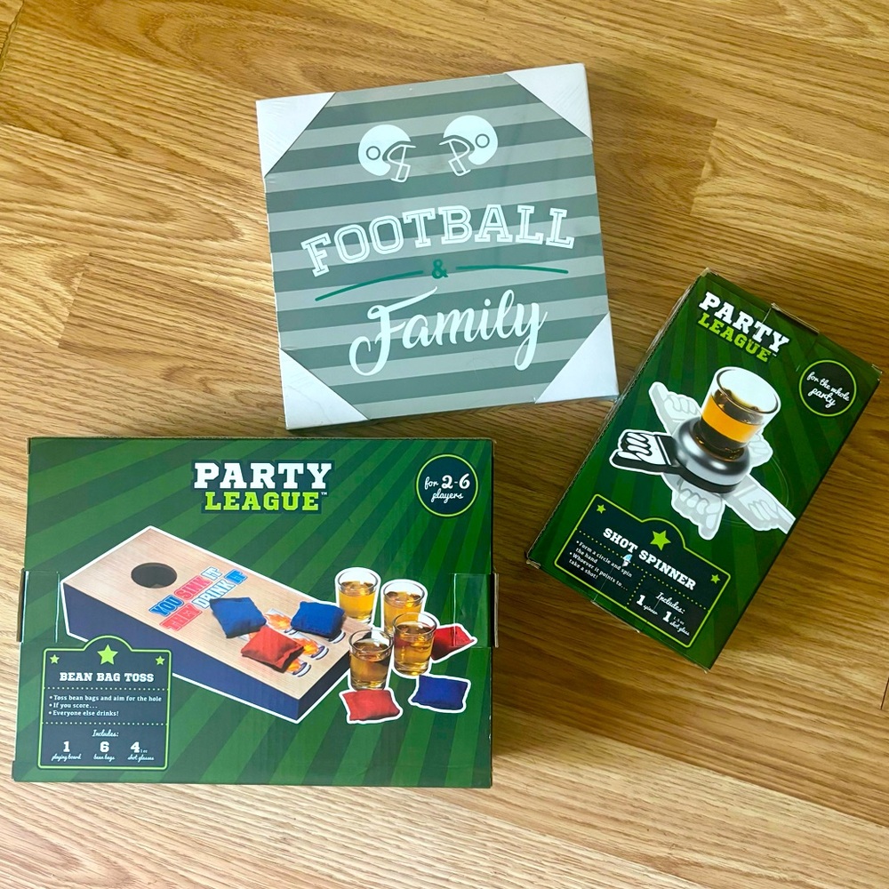 3 Pk Party League Game Set w Cornhole Bean Bag Toss, Frame,  Shot Spinner nwot